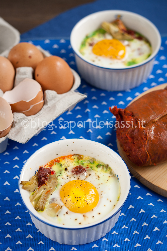 Uova in Cocotte con Carciofi e Nduja di Spilinga Uova in Cocotte con Carciofi e Nduja di Spilinga